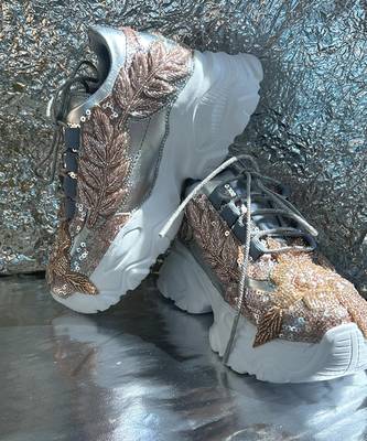Gold leather embroidered sneakers 2