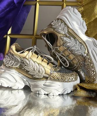 Gold leather embroidered sneakers 1