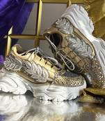 Gold leather embroidered sneakers