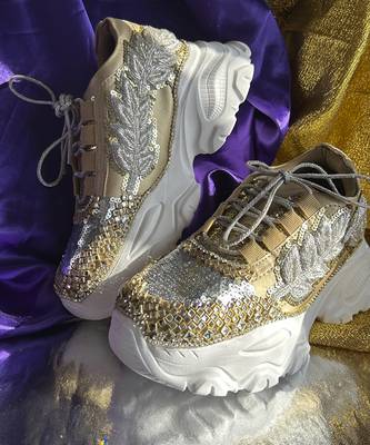 Gold leather embroidered sneakers 2