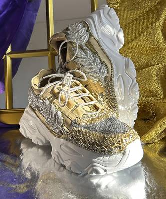 Gold leather embroidered sneakers 3
