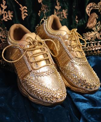 Gold leather embroidered sneakers 1