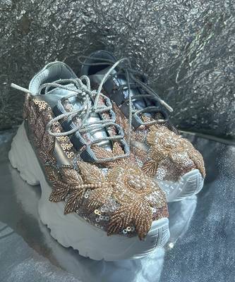 Gold leather embroidered sneakers 5