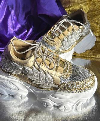 Gold leather embroidered sneakers 4