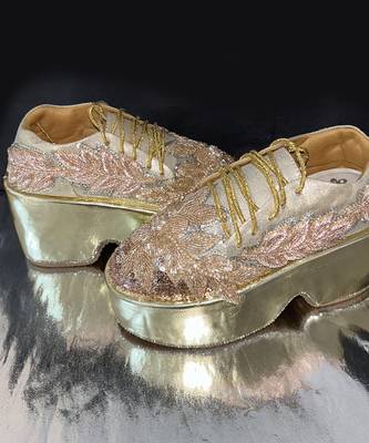 Gold leather embroidered sneakers 1