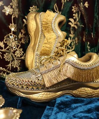 Gold leather embroidered sneakers 2