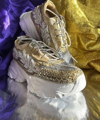 Gold leather embroidered sneakers 5
