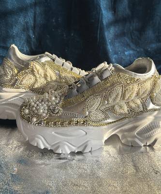 Gold leather embroidered sneakers 1