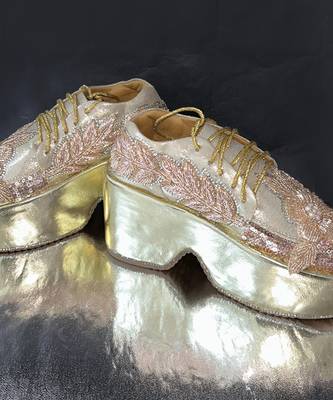 Gold leather embroidered sneakers 2