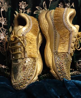 Gold leather embroidered sneakers 4