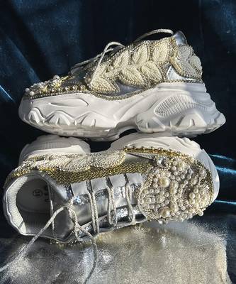 Gold leather embroidered sneakers 2