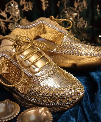 Gold leather embroidered sneakers 5