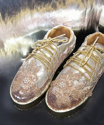 Gold leather embroidered sneakers 5