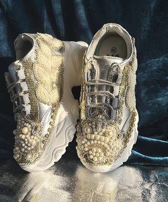 Gold leather embroidered sneakers 4
