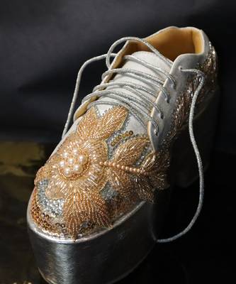 Gold leather embroidered sneakers 2