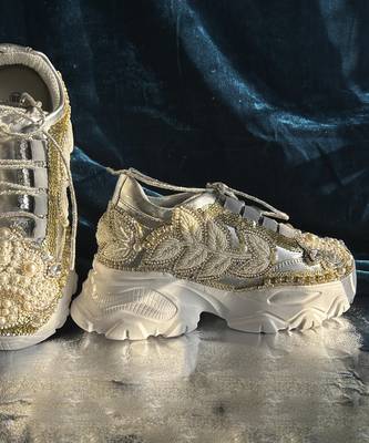 Gold leather embroidered sneakers 5