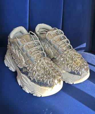 Silver leather embroidered sneakers 1
