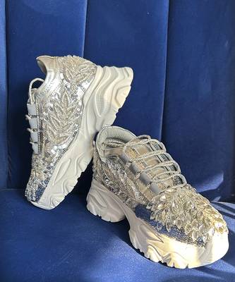 Silver leather embroidered sneakers 2