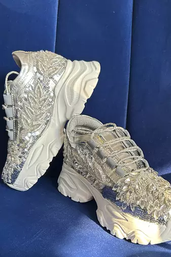 Silver leather embroidered sneakers