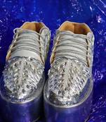 Silver leather embroidered sneakers