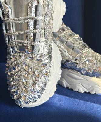 Silver leather embroidered sneakers 3