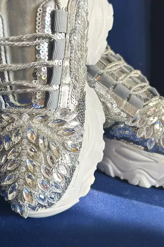 Silver leather embroidered sneakers