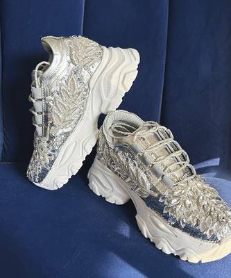 Silver leather embroidered sneakers 4