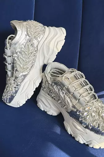 Silver leather embroidered sneakers