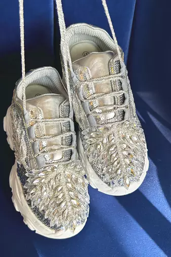 Silver leather embroidered sneakers