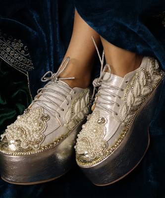 Silver leather embroidered sneakers 2