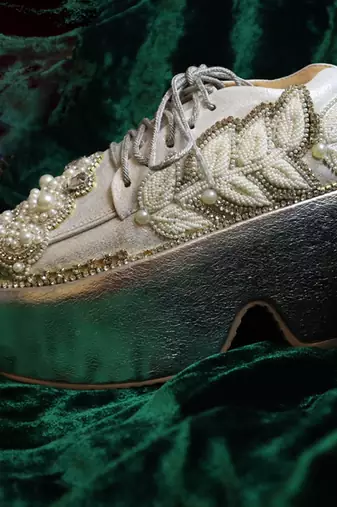 Silver leather embroidered sneakers