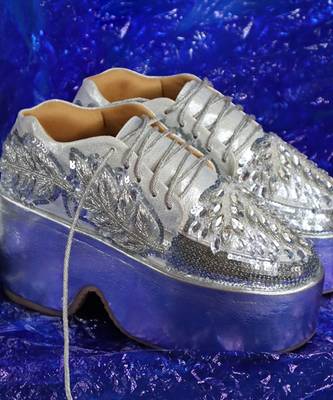 Silver leather embroidered sneakers 5