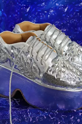Silver leather embroidered sneakers