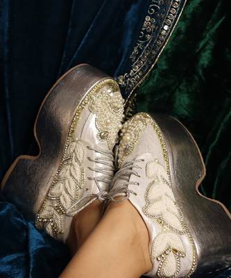 Silver leather embroidered sneakers 4
