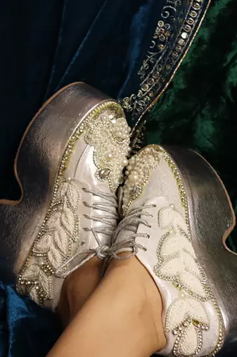 Silver leather embroidered sneakers
