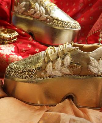 Gold leather embroidered sneakers 2
