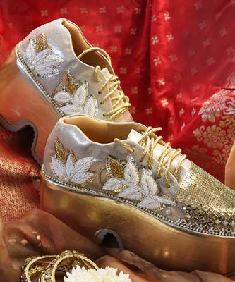 Gold leather embroidered sneakers 3