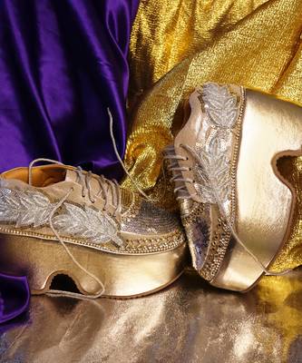 Gold leather embroidered sneakers 1