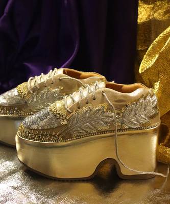 Gold leather embroidered sneakers 2