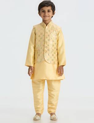 Elegant box sequence work nehru jacket full sleeves kurta, pyjama set - golden 1