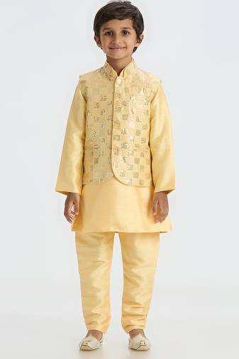 Elegant box sequence work nehru jacket full sleeves kurta, pyjama set - golden