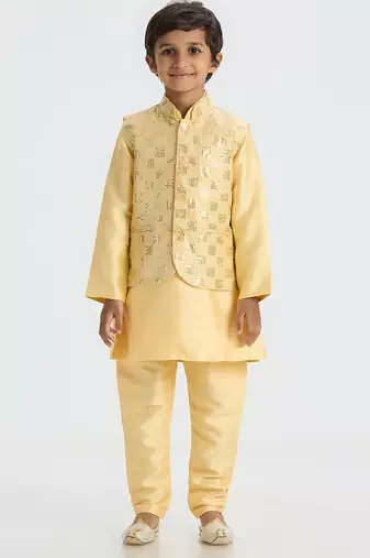 Elegant box sequence work nehru jacket full sleeves kurta, pyjama set - golden