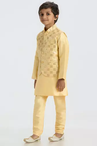 Elegant box sequence work nehru jacket full sleeves kurta, pyjama set - golden