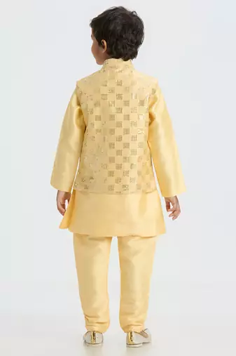 Elegant box sequence work nehru jacket full sleeves kurta, pyjama set - golden