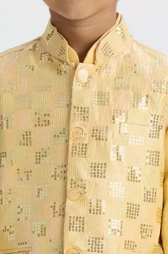 Elegant box sequence work nehru jacket full sleeves kurta, pyjama set - golden