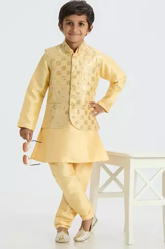 Elegant box sequence work nehru jacket full sleeves kurta, pyjama set - golden