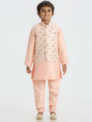 Traditional with a modern touch nehru jacket full sleeves kurta, pyjama set - peach 1