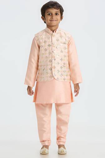 Traditional with a modern touch nehru jacket full sleeves kurta, pyjama set - peach