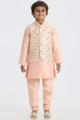 Traditional with a modern touch nehru jacket full sleeves kurta, pyjama set - peach