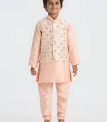 Traditional with a modern touch nehru jacket full sleeves kurta, pyjama set - peach